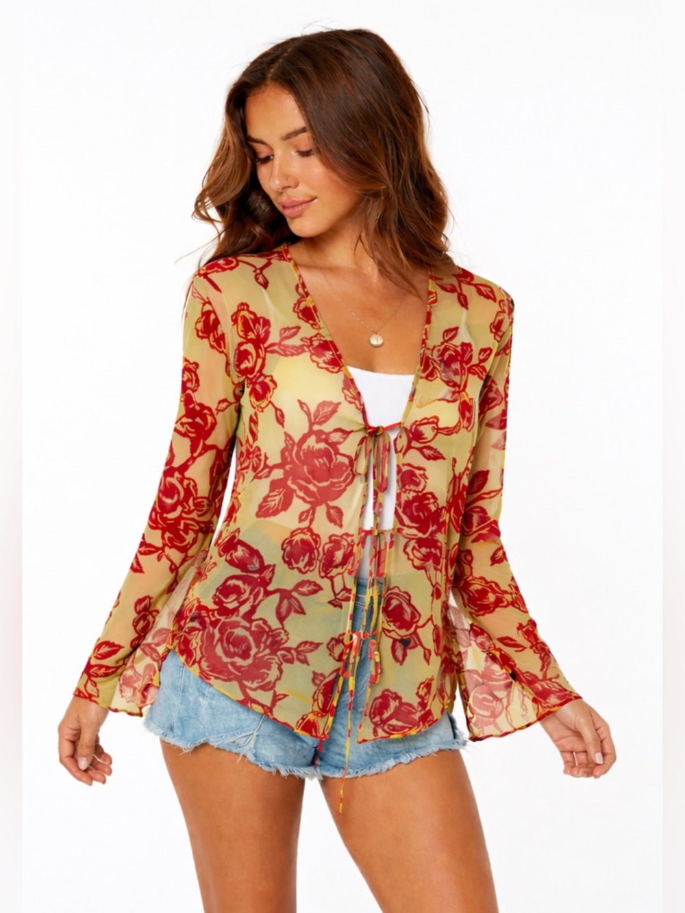 Urban Outfitters Green Red Floral Sheer Tie Front Boho Blouse Top